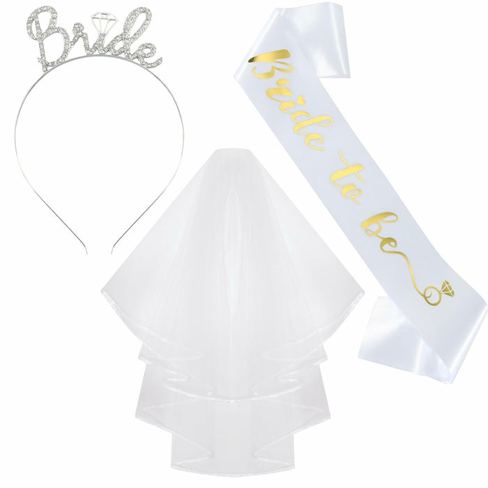 Apone Fatu 3 Pcs Bride Crown Headband Sash Veil Bachelorette Party Gold by Deal US