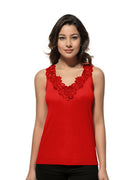 miduo Womens Slim Fit Scoop Neck Lace Trim Ribbed Knit Tank Top Red Size L by Deal US