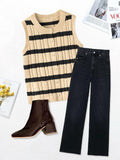 KEOMUD Women's Sleeveless Striped Knit Cardigan Button Vest Apricot Size L by Deal US