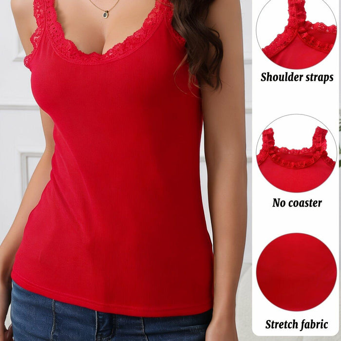miduo Womens Slim Fit Scoop Neck Lace Trim Ribbed Knit Tank Top Red Size L by Deal US
