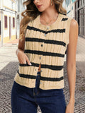 KEOMUD Women's Sleeveless Striped Knit Cardigan Button Vest Apricot Size L by Deal US