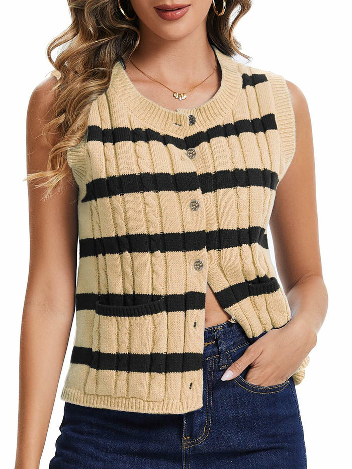 KEOMUD Women's Sleeveless Striped Knit Cardigan Button Vest Apricot Size L by Deal US