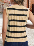 KEOMUD Women's Sleeveless Striped Knit Cardigan Button Vest Apricot Size L by Deal US