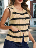 KEOMUD Women's Sleeveless Striped Knit Cardigan Button Vest Apricot Size L by Deal US