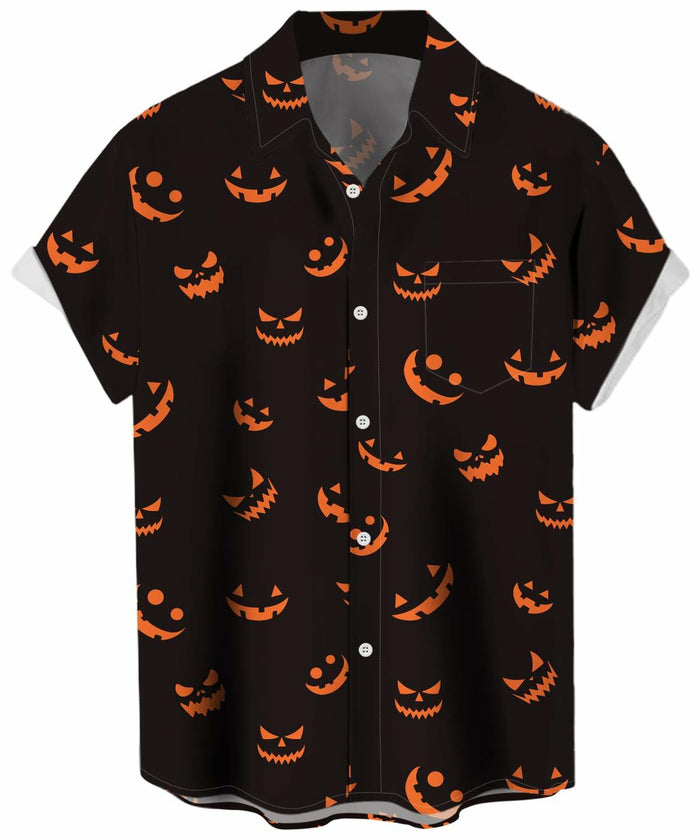 whoinshop Men Halloween Cartoon Button Up Shirt Short Sleeve Smiling Face L by Deal US