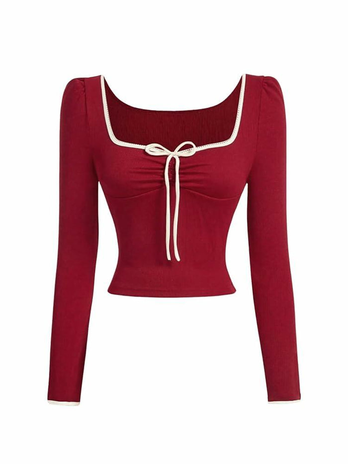 SOLY HUX Women's Bow Tie Front Tee Square Neck Long Sleeve Crop Top Red Size L by Deal US