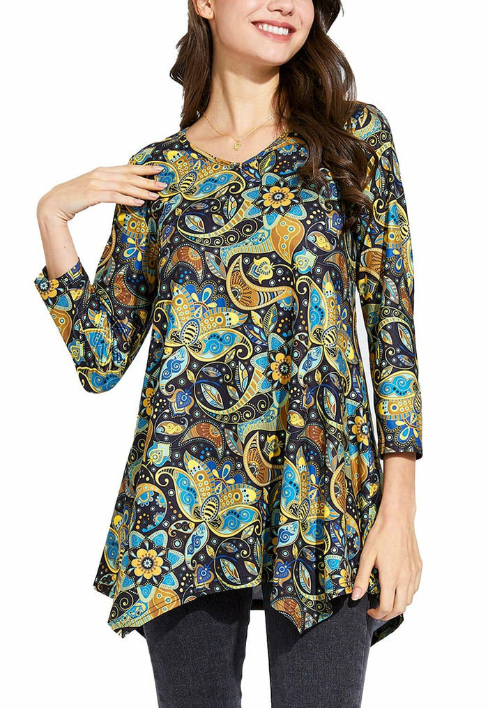 ENMAIN Plus Size Tunic Top Women 3/4 Sleeve V Neck Paisley Flare Size XX-Large by Deal US