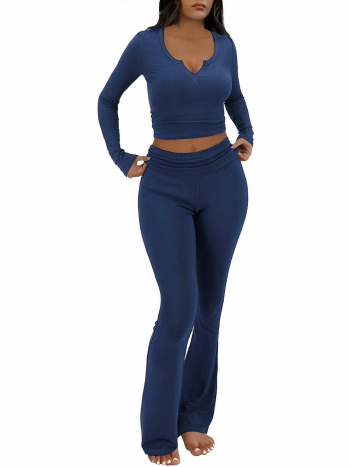 FAIRY SEASON Womens 2PC Lounge Set V Neck Top Flare Pants Blue Size XS by Deal US