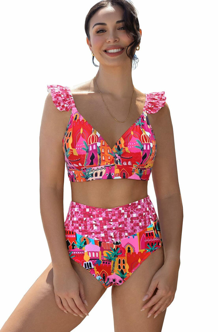 SPORLIKE Women High Waisted Triangle Bikini Cross Back Swimwear Castle Print M by Deal US