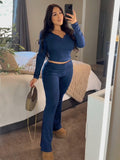 FAIRY SEASON Womens 2PC Lounge Set V Neck Top Flare Pants Blue Size XS by Deal US