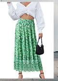 Wielsscca Women's Pleated Floral Chiffon Maxi Skirt Light Green Size L by Deal US