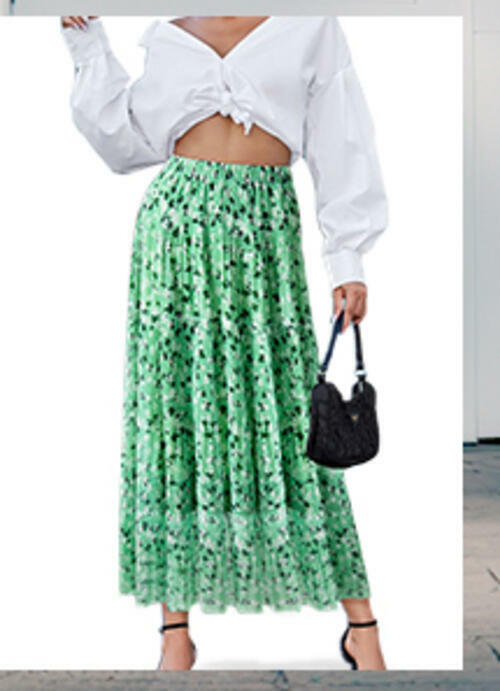Wielsscca Women's Pleated Floral Chiffon Maxi Skirt Light Green Size L by Deal US