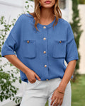 BTFBM Women's Short Sleeve Button Up Cardigan Sweater Blue Size S by Deal US