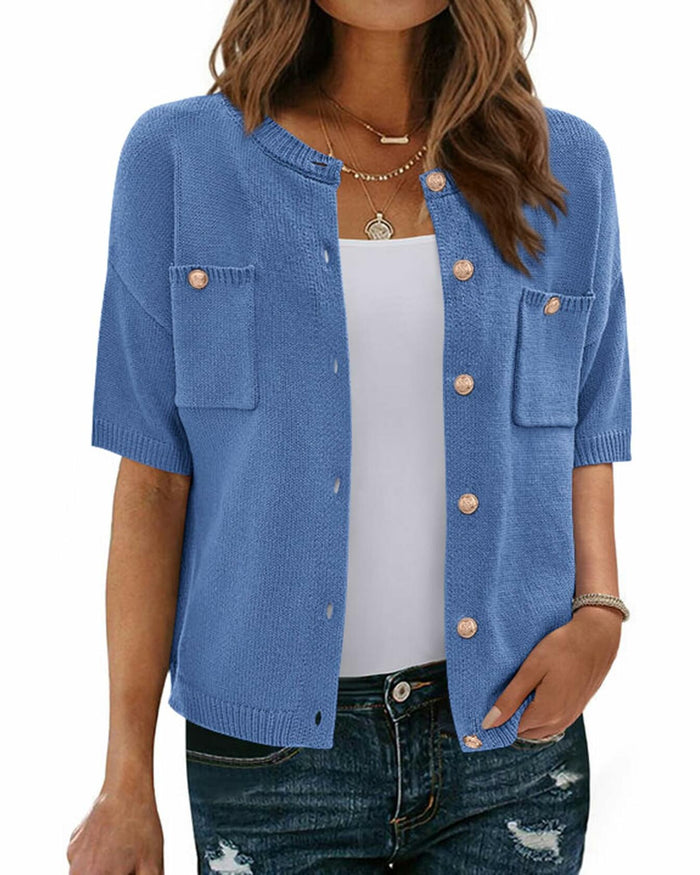 BTFBM Women's Short Sleeve Button Up Cardigan Sweater Blue Size S by Deal US