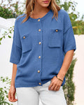 BTFBM Women's Short Sleeve Button Up Cardigan Sweater Blue Size S by Deal US