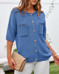 BTFBM Women's Short Sleeve Button Up Cardigan Sweater Blue Size S by Deal US