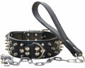 haoyueer Leather Spiked Studded Dog Collar & Chain Leash Set XL Black by Deal US