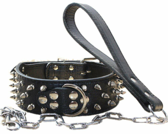 haoyueer Leather Spiked Studded Dog Collar & Chain Leash Set XL Black by Deal US