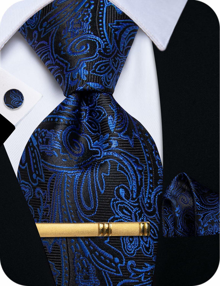 YourTies Mens Blue Silk Paisley Tie Set Necktie Pocket Square Clip Cufflinks by Deal US