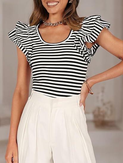 ZESICA Women's Ruffle Short Sleeve Striped Tee Black Size XL by Deal US