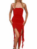 Mizoci Women's Sexy Summer Y2k Ruched Bodycon Dress Spaghetti Strap Red Size S by Deal US