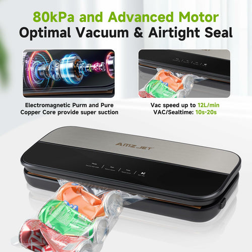 Amz Jet Food Sealer Vacuum Sealer Stainless Steel LED Touch 50Bags Grayish Black by Deal US