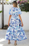 PRETTYGARDEN Summer V Neck Puff Sleeve A-Line Floral Maxi Dress White Blue M by Deal US