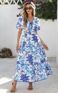 PRETTYGARDEN Summer V Neck Puff Sleeve A-Line Floral Maxi Dress White Blue M by Deal US