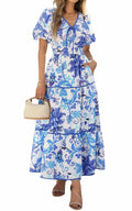 PRETTYGARDEN Summer V Neck Puff Sleeve A-Line Floral Maxi Dress White Blue M by Deal US