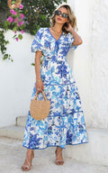 PRETTYGARDEN Summer V Neck Puff Sleeve A-Line Floral Maxi Dress White Blue M by Deal US