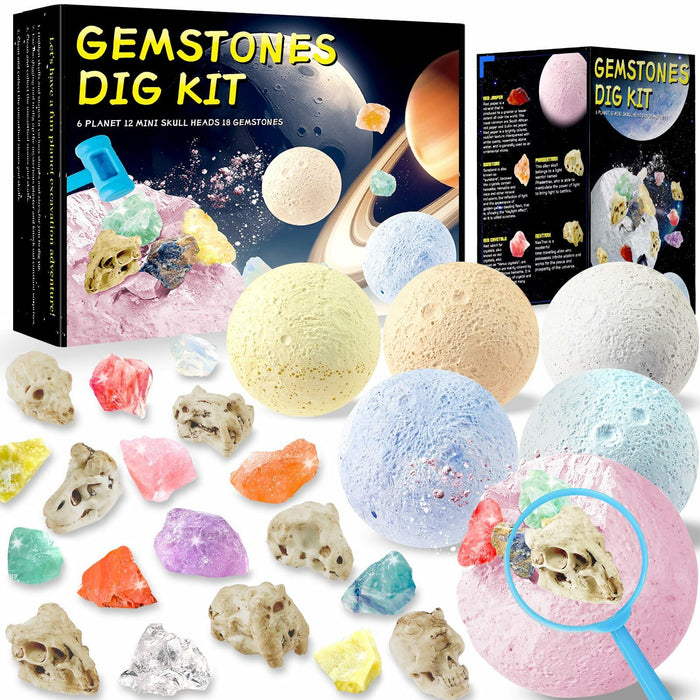 Hiawbon Gemstones Dig Kit 6 Planets 12 Skulls 18 Gems Space Kit by Deal US
