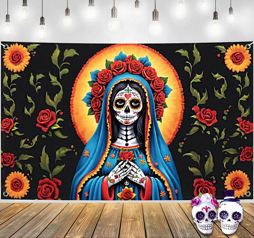 Pardi Day of the Dead Backdrop Banner Floral Black Red Mexican Fiesta Decor by Deal US