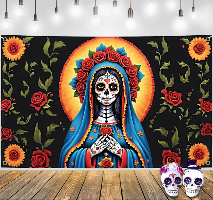 Pardi Day of the Dead Backdrop Banner Floral Black Red Mexican Fiesta Decor by Deal US