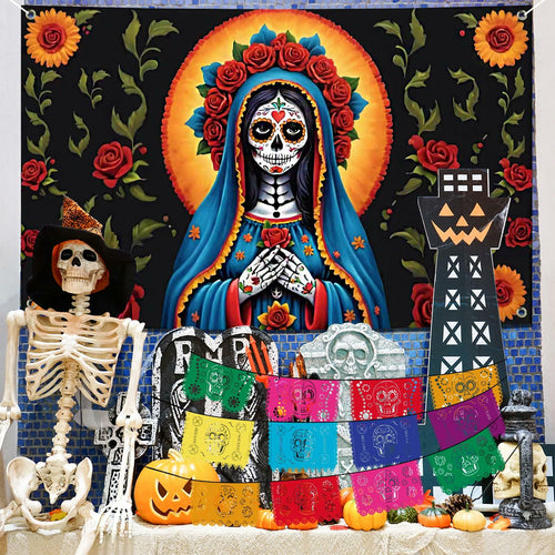 Pardi Day of the Dead Backdrop Banner Floral Black Red Mexican Fiesta Decor by Deal US