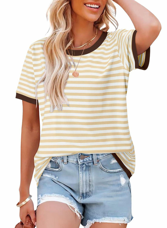 KISSMODA Womens Casual Striped Color Block T Shirt A Khaki Size L by Deal US