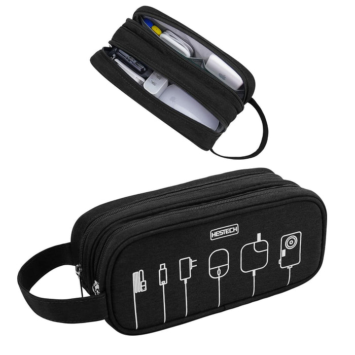HESTECH Electronic Organizer Travel Cable Case Double Layer Medium Black 9x4x3.5 by Deal US