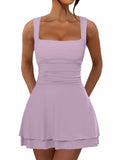 OKIFOIR Women's Ruffle Hem Mini Dress Square Neck Sleeveless Light Purple Size M by Deal US