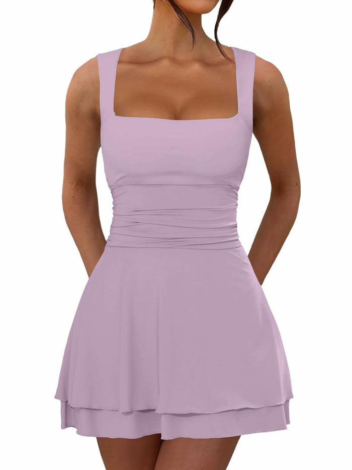 OKIFOIR Women's Ruffle Hem Mini Dress Square Neck Sleeveless Light Purple Size M by Deal US