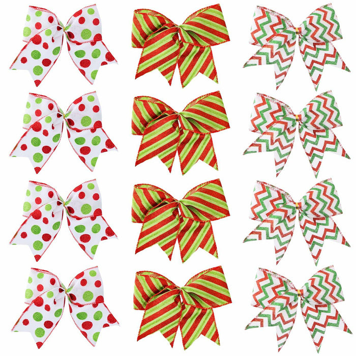 PEMIDA 12 Pcs Wave Stripe Christmas Bows 5 Inch Red Green Dots by Deal US