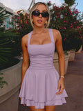 OKIFOIR Women's Ruffle Hem Mini Dress Square Neck Sleeveless Light Purple Size M by Deal US