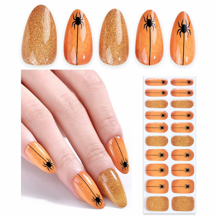 HBGAYLYH Halloween Semi Cured Gel Nail Stickers Orange Spider 20 Pieces by Deal US