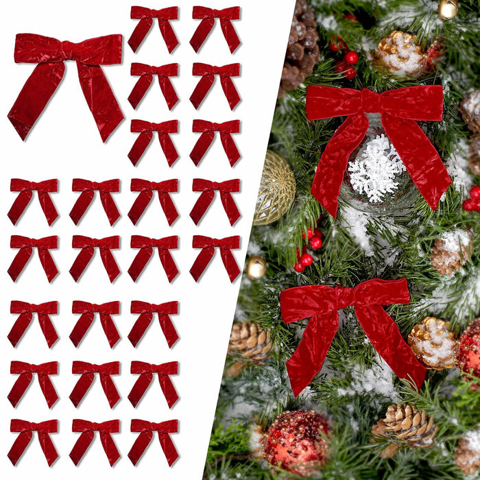 LaRibbons 24 Pcs Red Crinkled Velvet Bows 3.94x3.94 Vintage 1" Wide by Deal US
