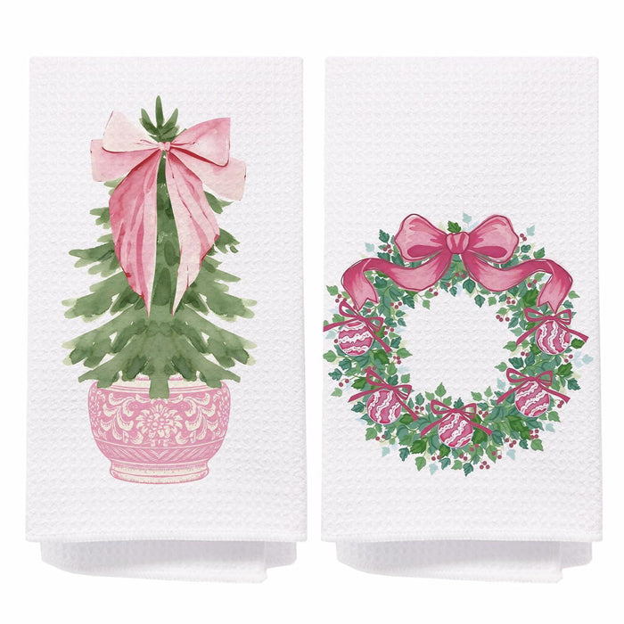 SPBL&L Chinoiserie Christmas Kitchen Towels Pink Bow Tree 16x24 Set of 2 by Deal US