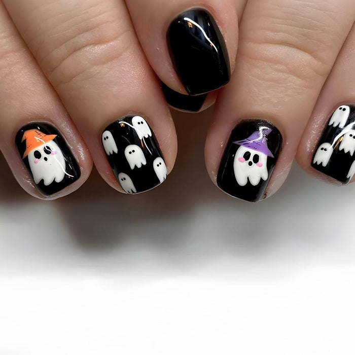YEFIUO Halloween Press On Nails 24 Pcs Short Square Black Skull Flowers by Deal US
