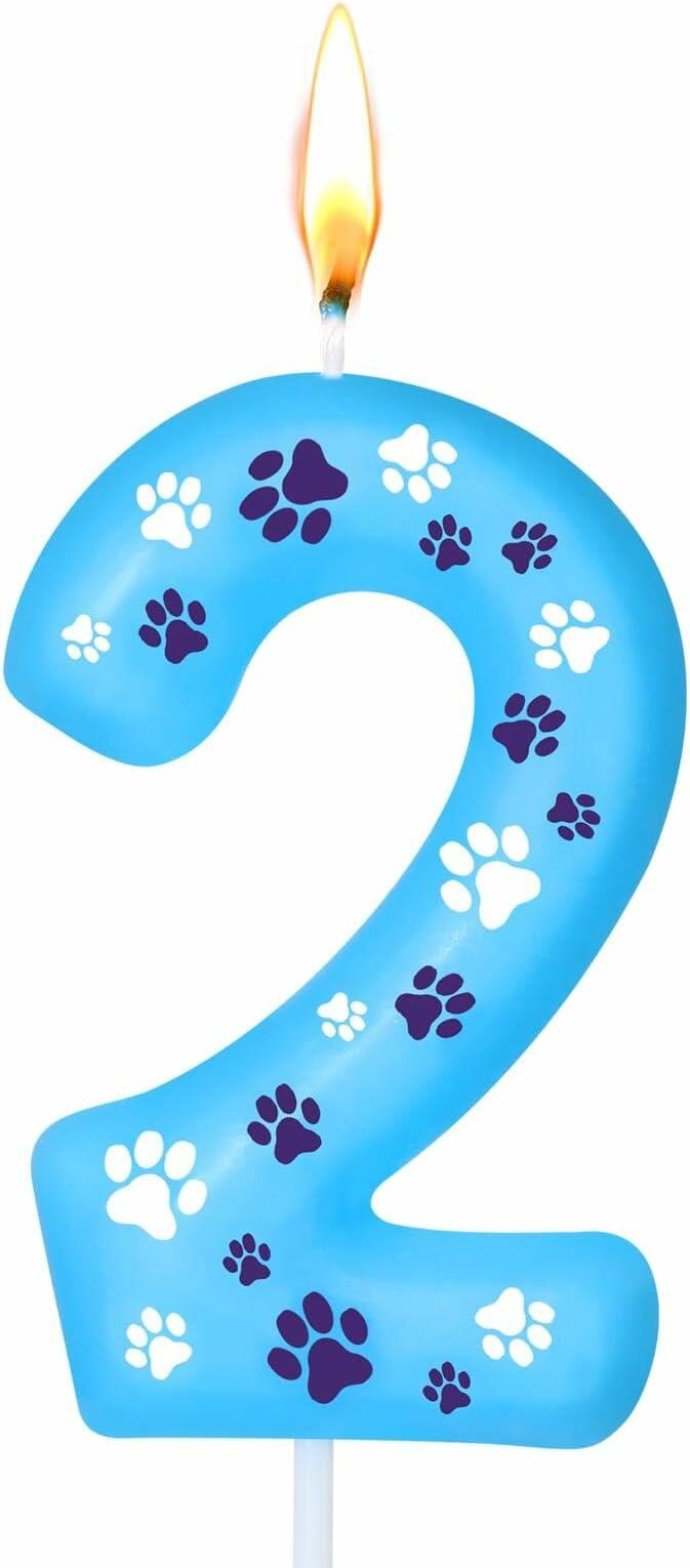 FUNCANDLE Blue Dog Paw Print Birthday Candle Number 2 Size 2 Blue by Deal US