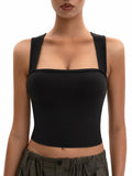 MOSSROZZ Crop Tank Top Black Ribbed Athletic Slim Fit Wide Strap Size L by Deal US