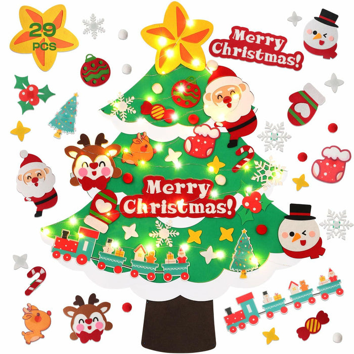 TOBEHIGHER 3Ft DIY Felt Christmas Tree with 29 Ornaments&String Light Snow Edge by Deal US