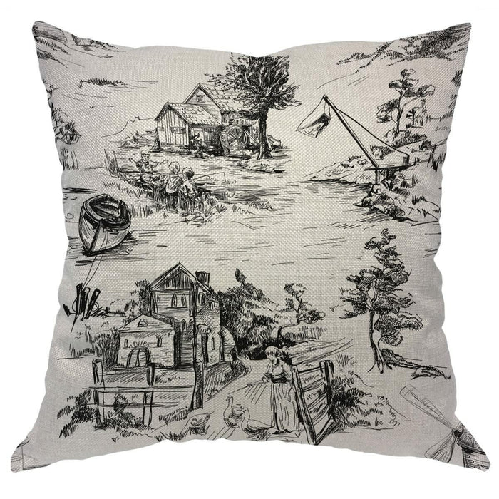 Zaueky Old Village Cotton Linen Pillow Case Black White 18x18 Inch by Deal US