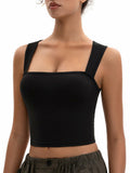 MOSSROZZ Crop Tank Top Black Ribbed Athletic Slim Fit Wide Strap Size L by Deal US