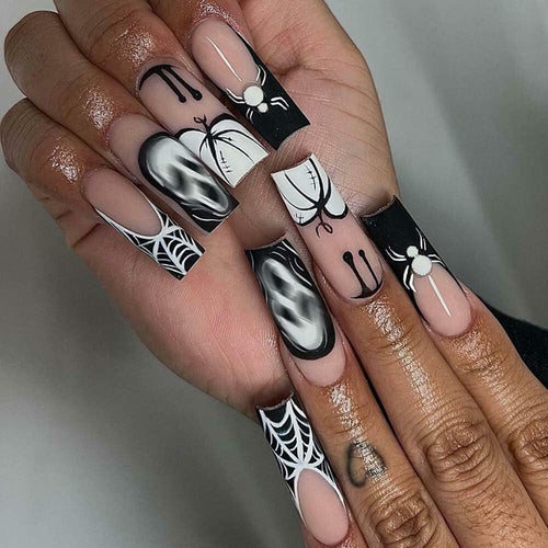 HPYFOI Halloween Press On Nails Long Coffin Black White Ghostface 24Pcs by Deal US